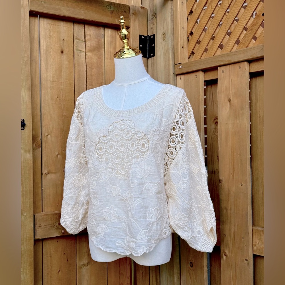 🆕 FARM Rio 🧿 NWOT Off White Crochet Long Sleeve Blouse
